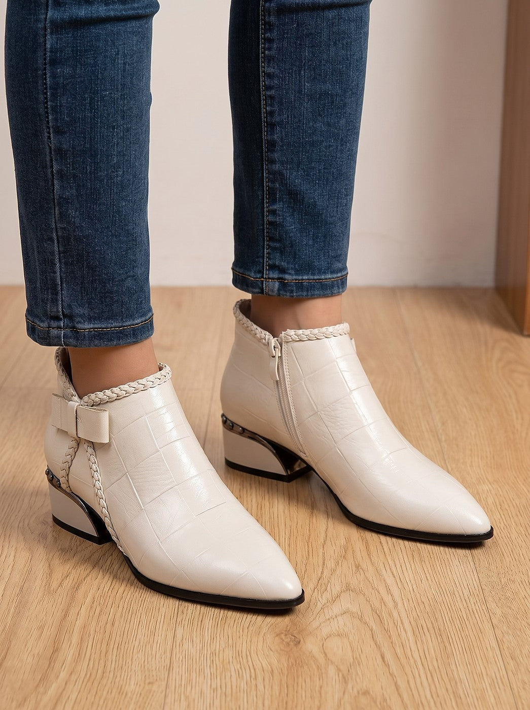 Women's Braided Trim Pointed Toe Booties