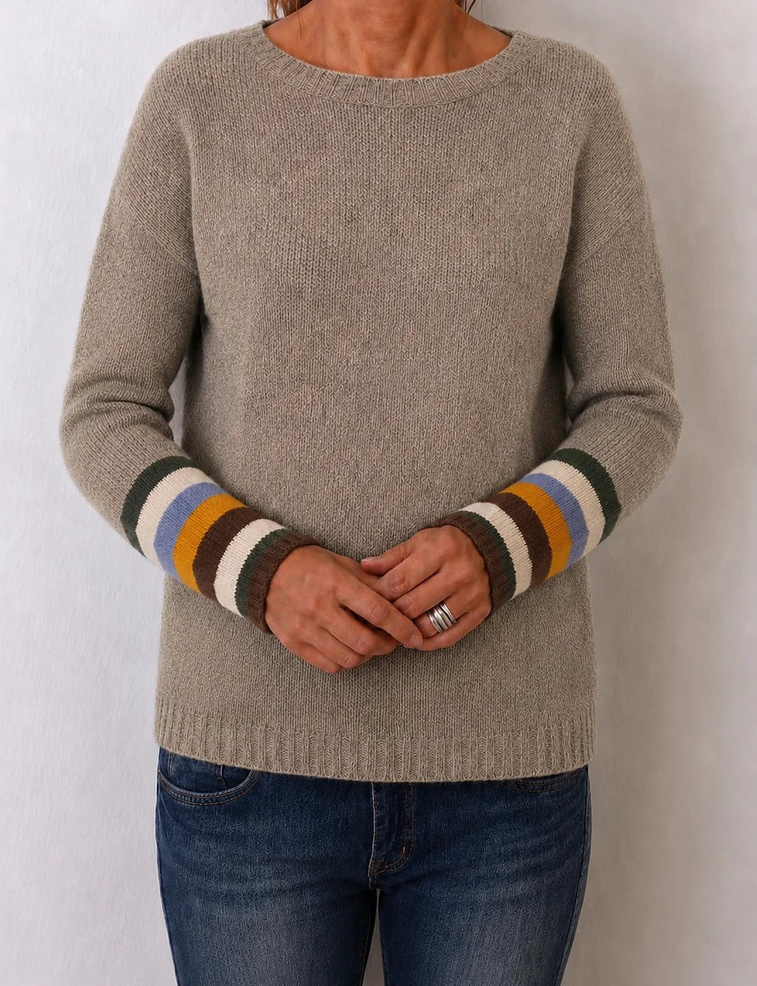 Women's Contrast Stripe Cuff Crewneck Sweater