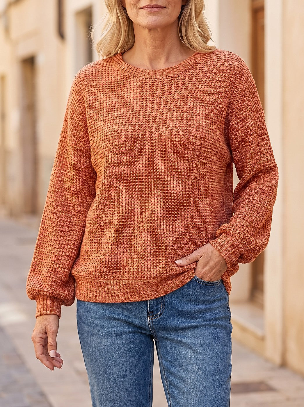 Women's Waffle Knit Puff Sleeve Crewneck Pullover