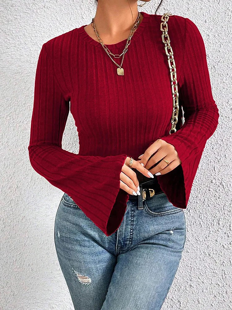 Women's Cropped Flare Sleeve Ribbed Knit Top