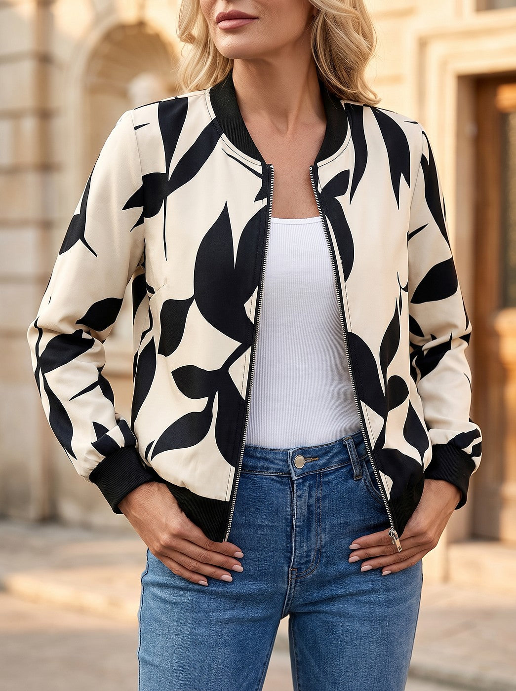 Women's Leaf Print Baseball Collar Bomber Jacket