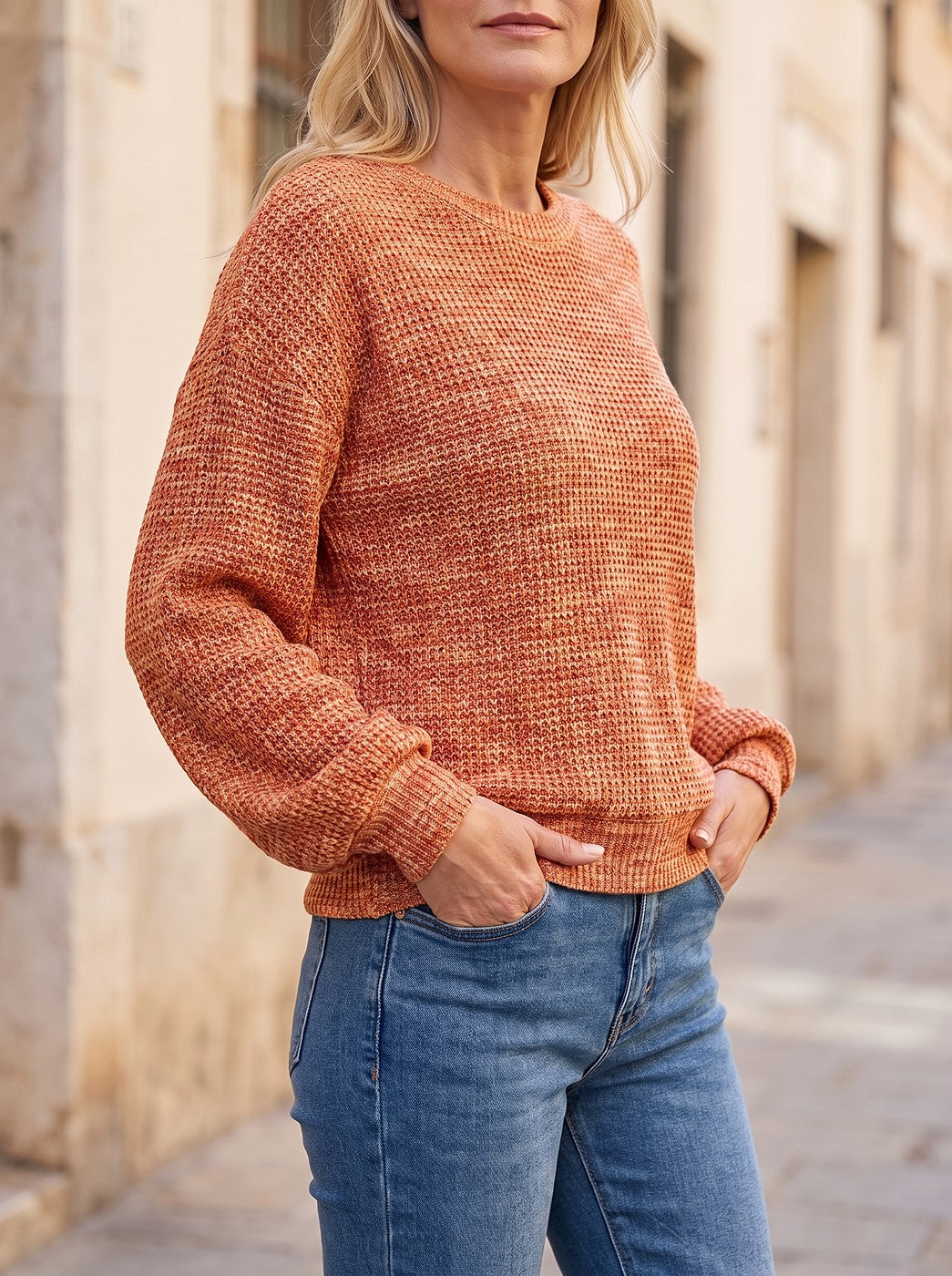 Women's Waffle Knit Puff Sleeve Crewneck Pullover
