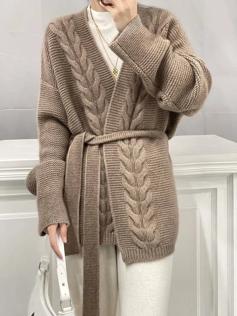 Women's Cable Knit Wrap Cardigan Tie Belt