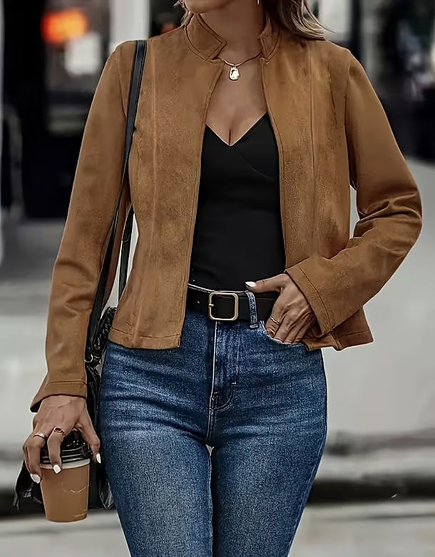Women's Faux Suede Cropped Jacket Stand Collar