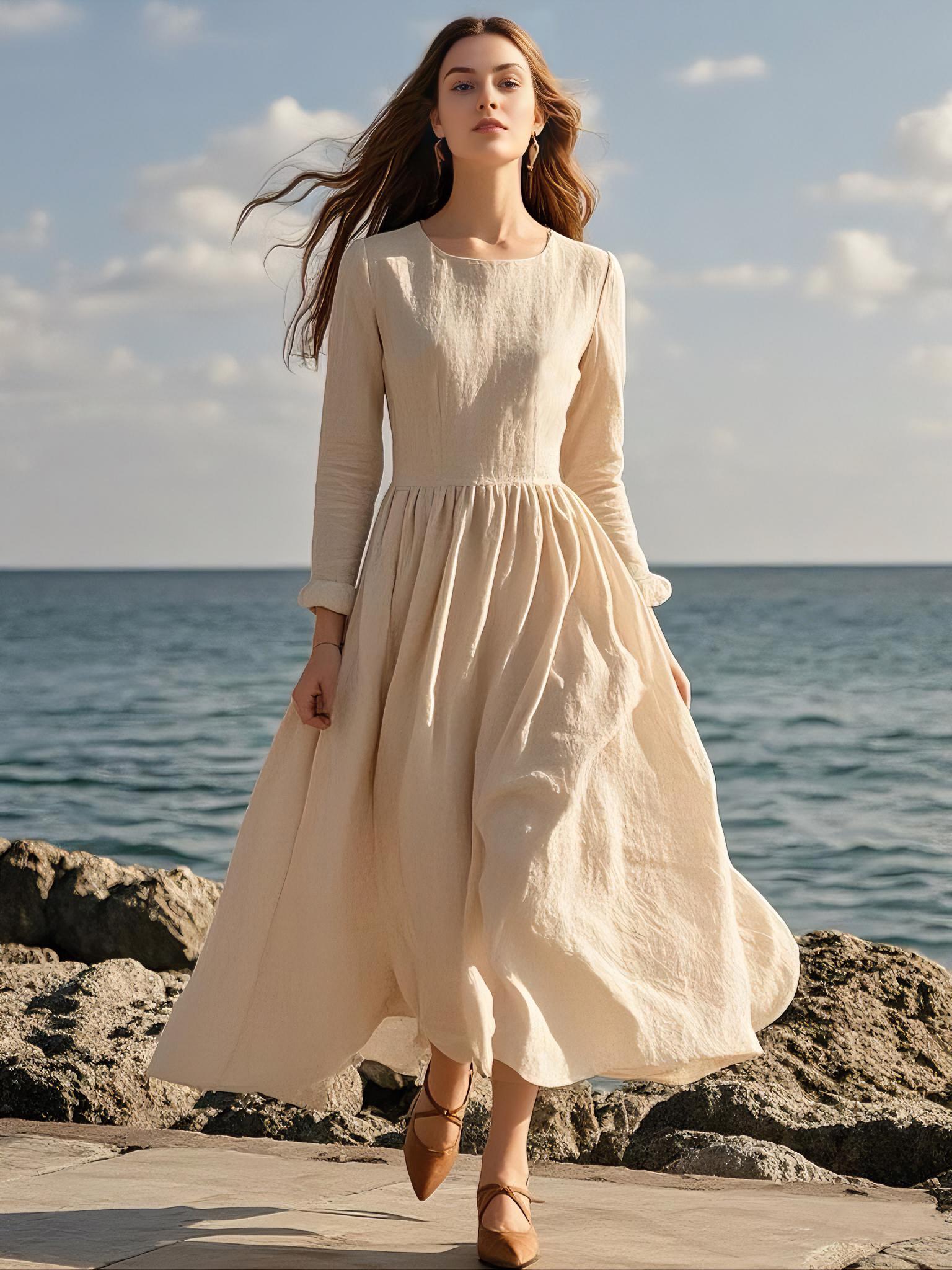 Women's Linen Long Sleeve Maxi Dress