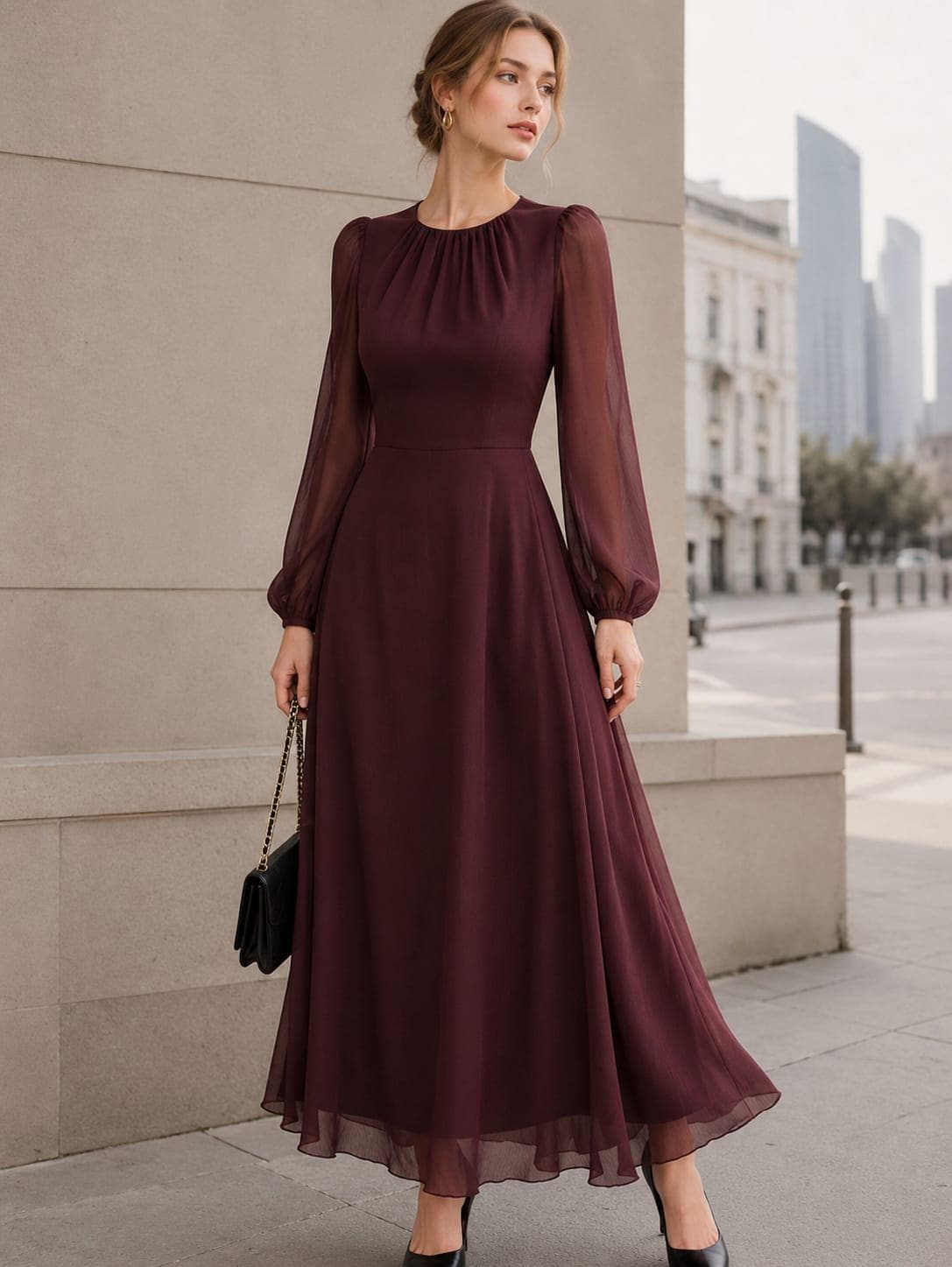 Women's Vintage Neckline Evening Dress in Chiffon