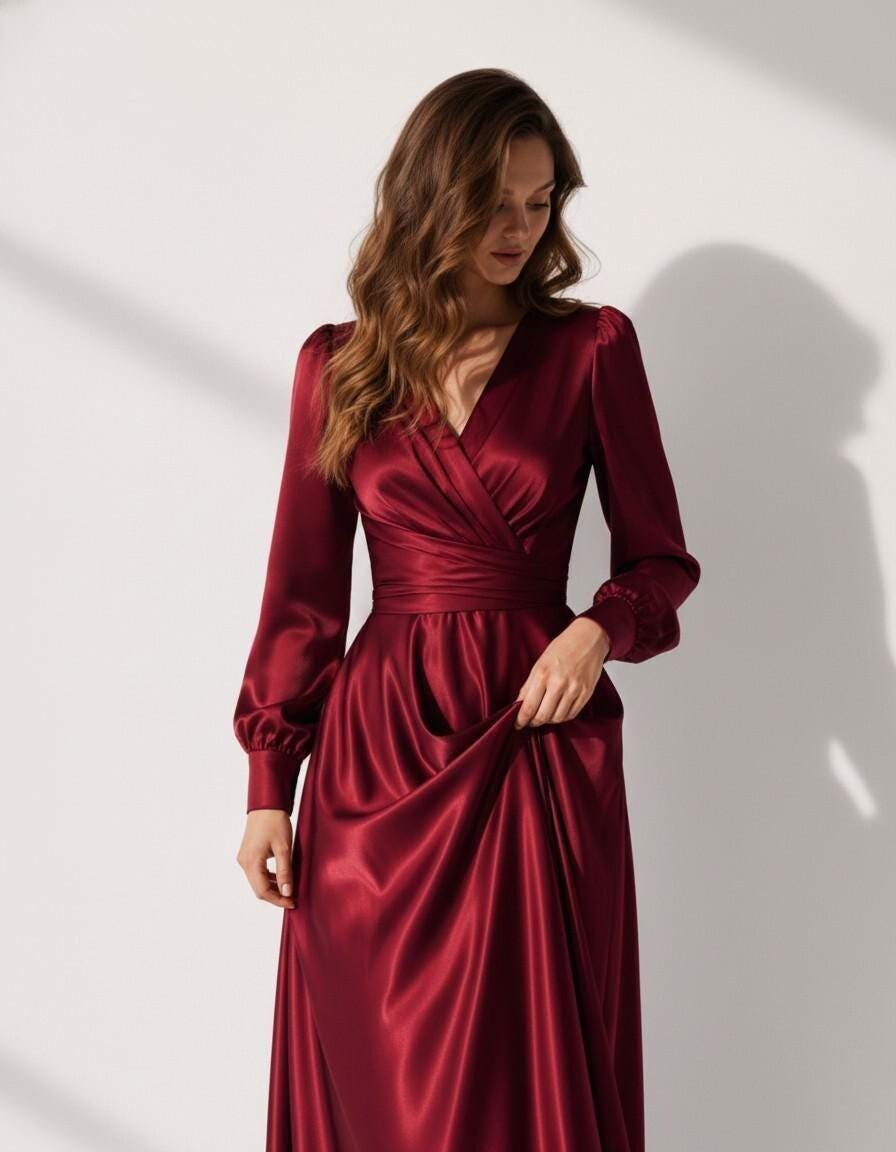 Women's Long Sleeve Satin Maxi Dress