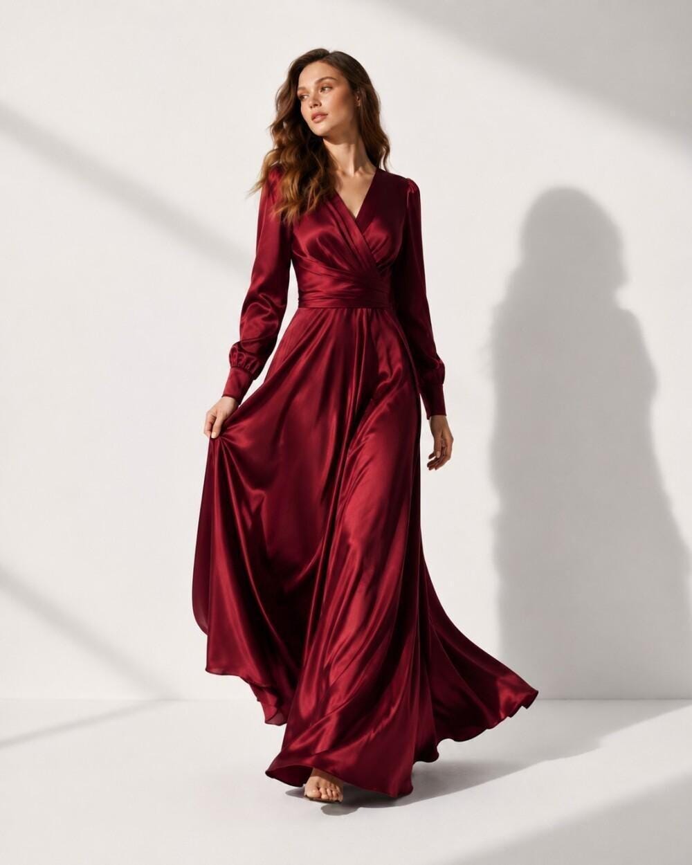 Women's Long Sleeve Satin Maxi Dress