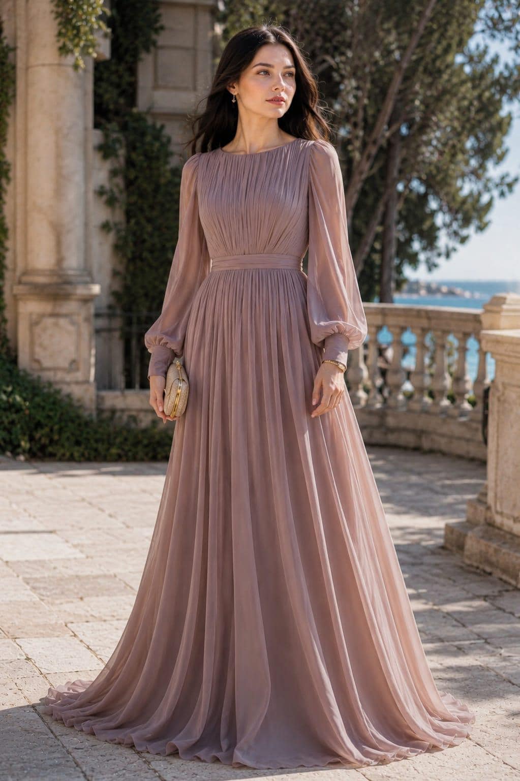 Women's Vintage Neckline Evening Dress in Blush