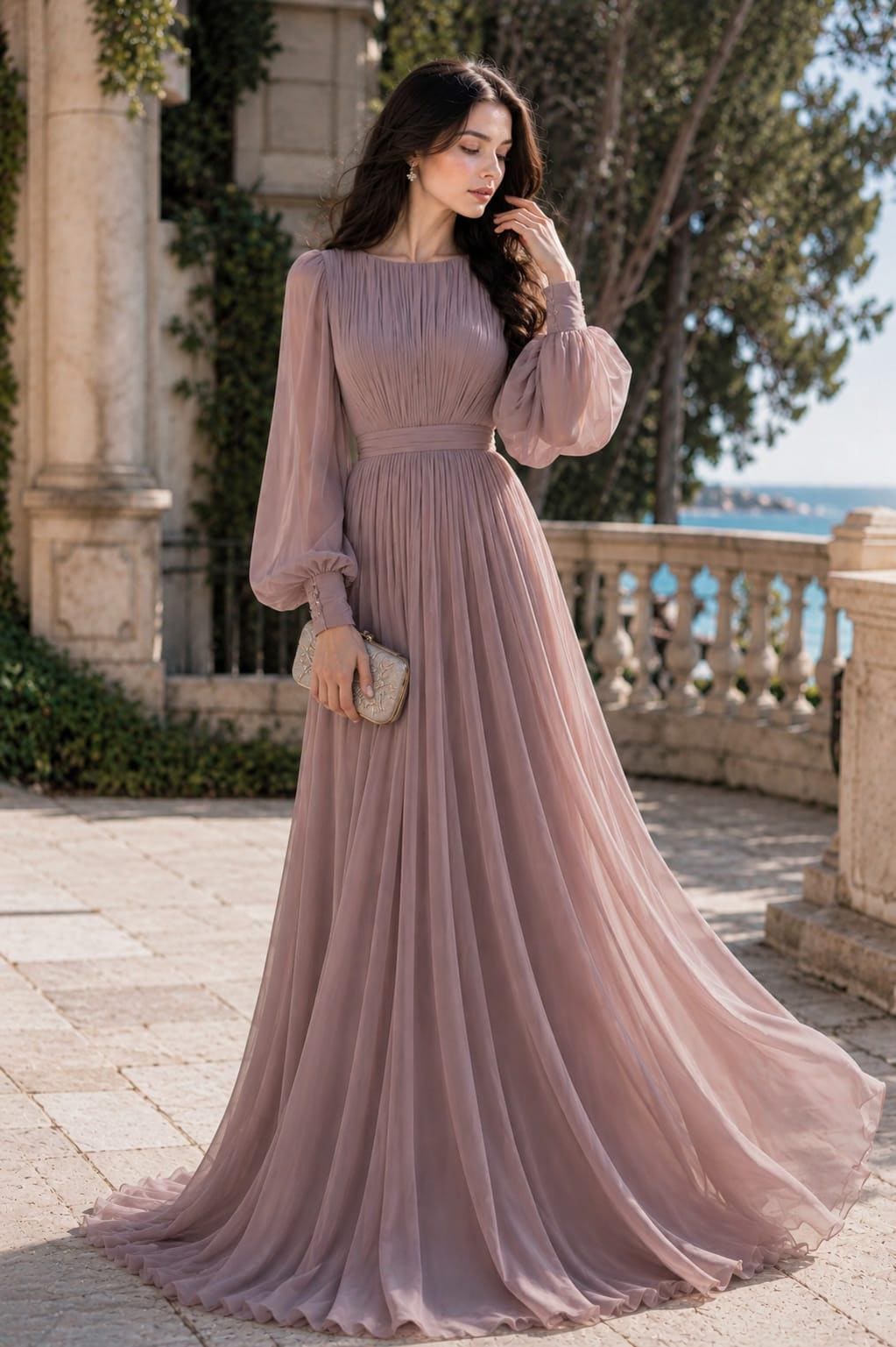 Women's Vintage Neckline Evening Dress in Blush