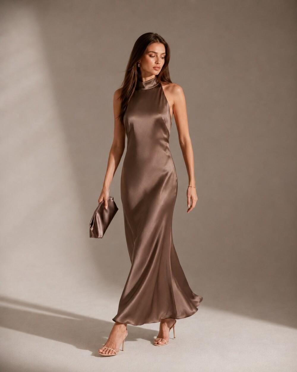 Women's Satin Halter Neck Maxi Dress