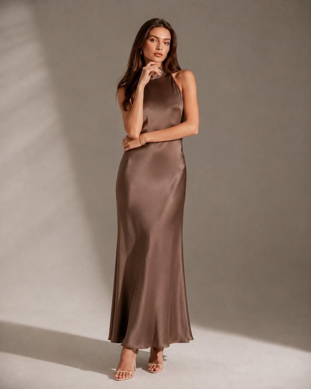 Women's Satin Halter Neck Maxi Dress
