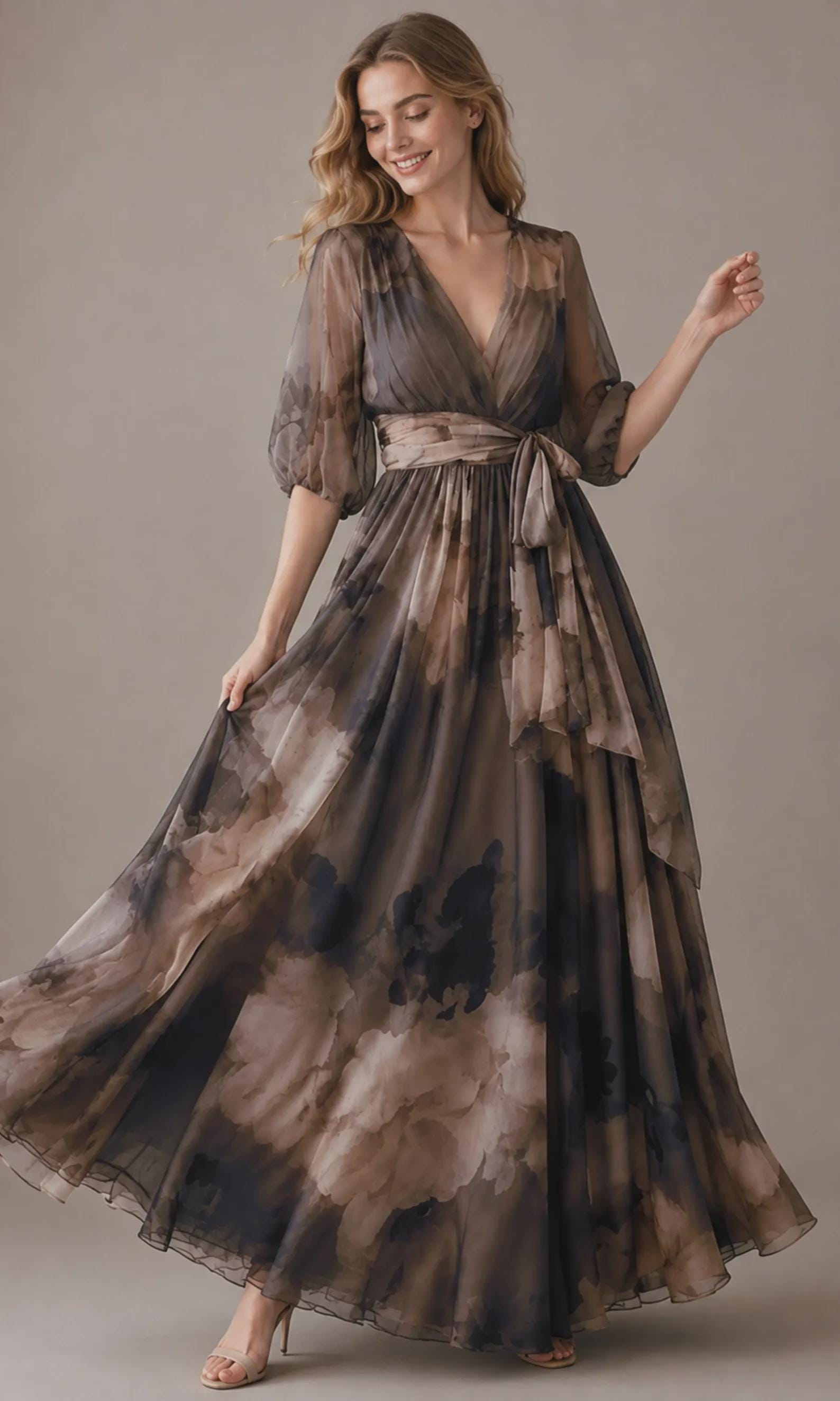 Women's Vintage Neckline Evening Dress in Brown