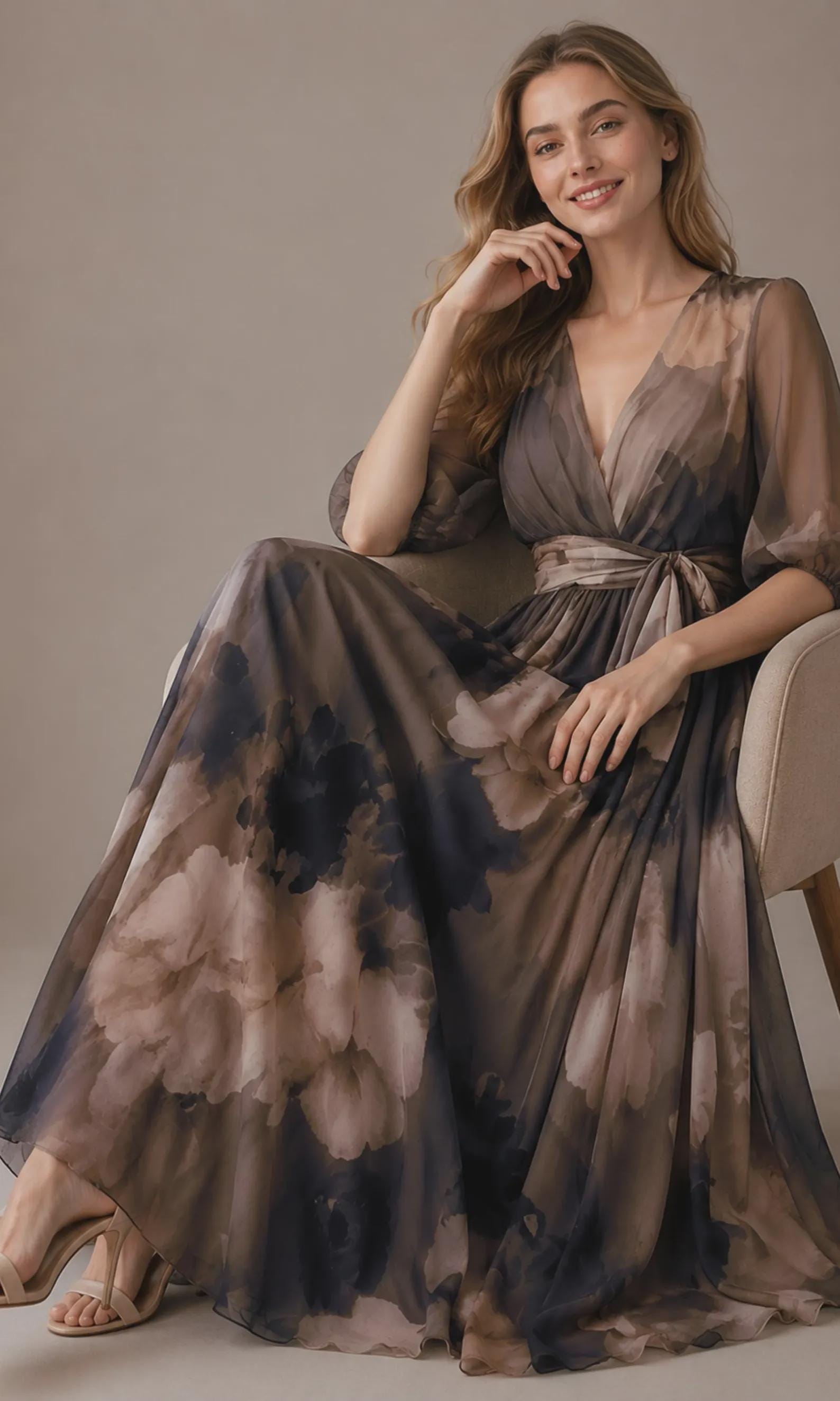 Women's Vintage Neckline Evening Dress in Brown