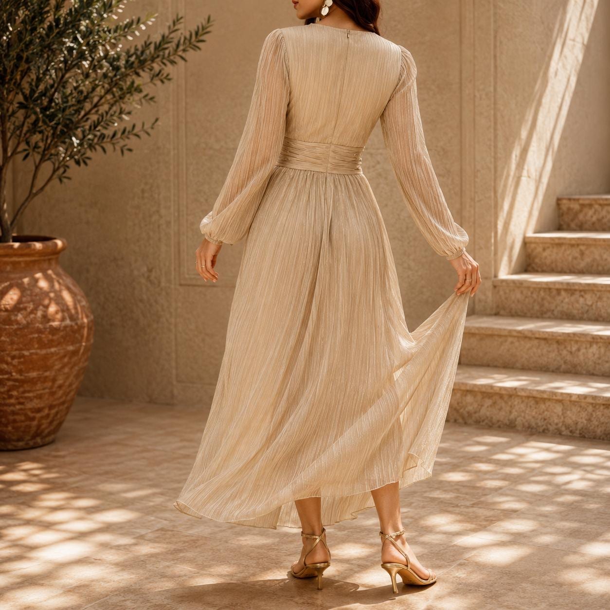Women's Vintage Neckline Evening Dress with Ruching
