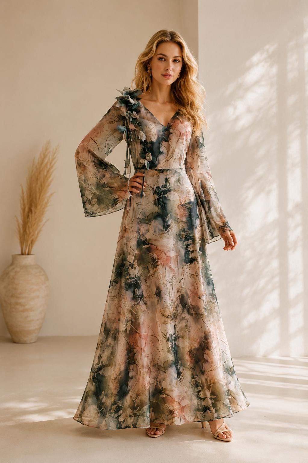 Women's Draped Midi Dress in Green Floral