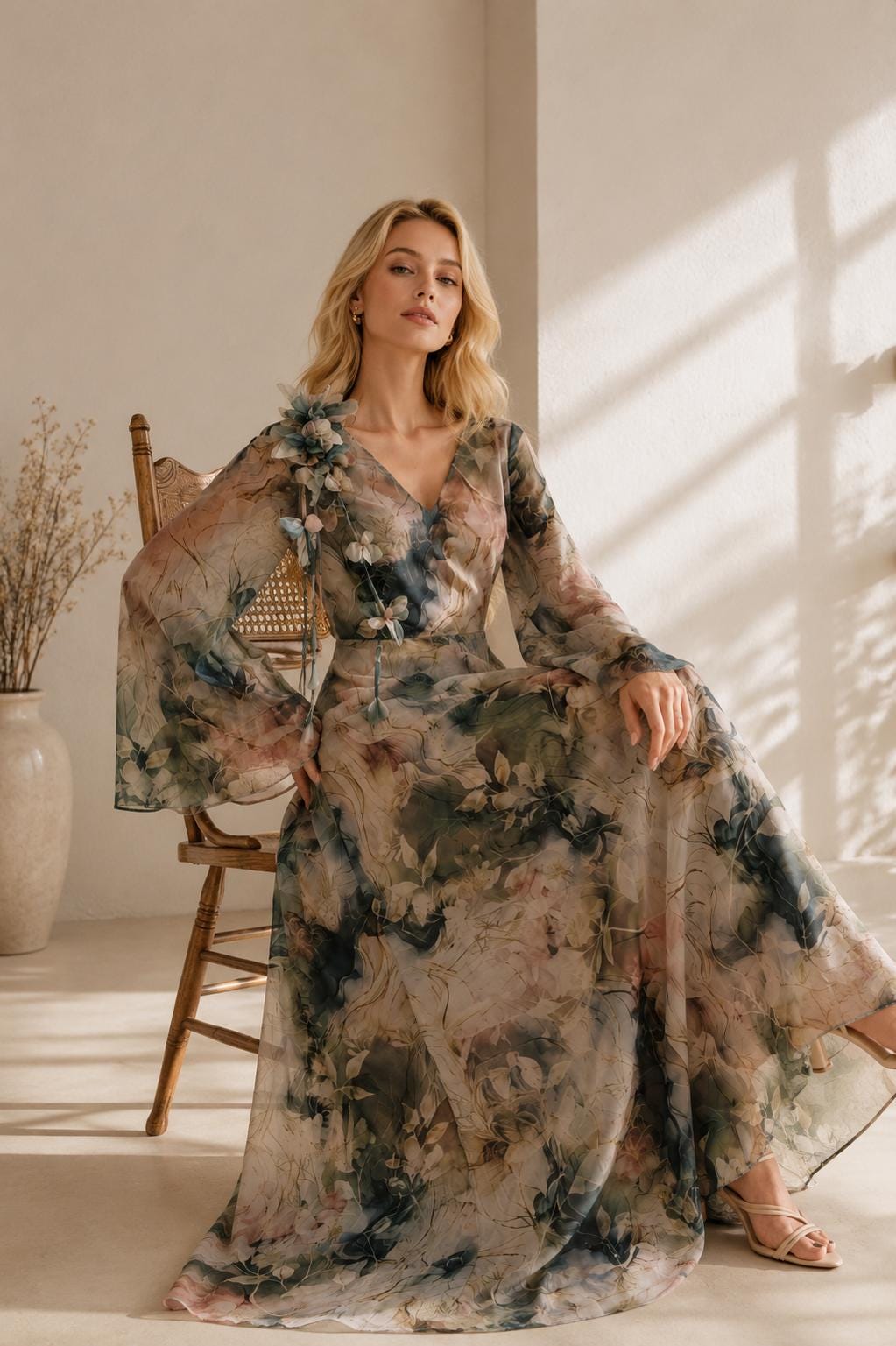 Women's Draped Midi Dress in Green Floral
