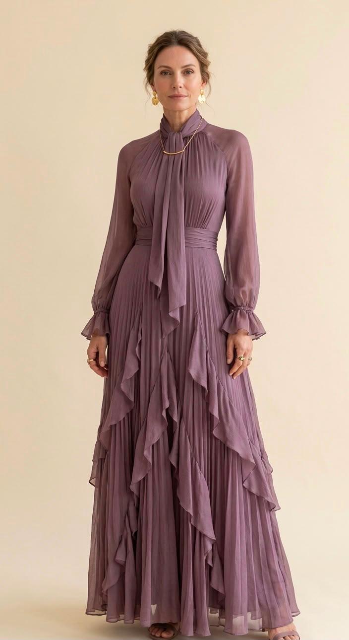 Women's Vintage Neckline Evening Dress with Ruffles