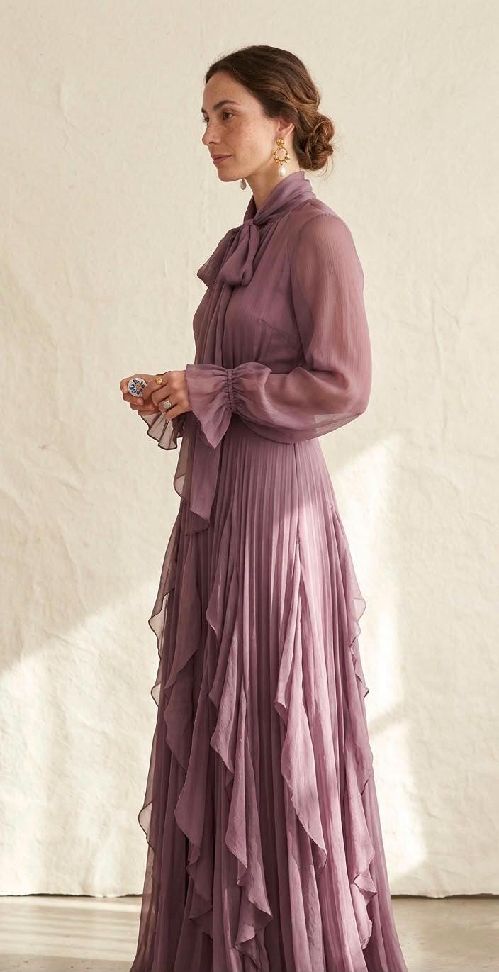 Women's Vintage Neckline Evening Dress with Ruffles