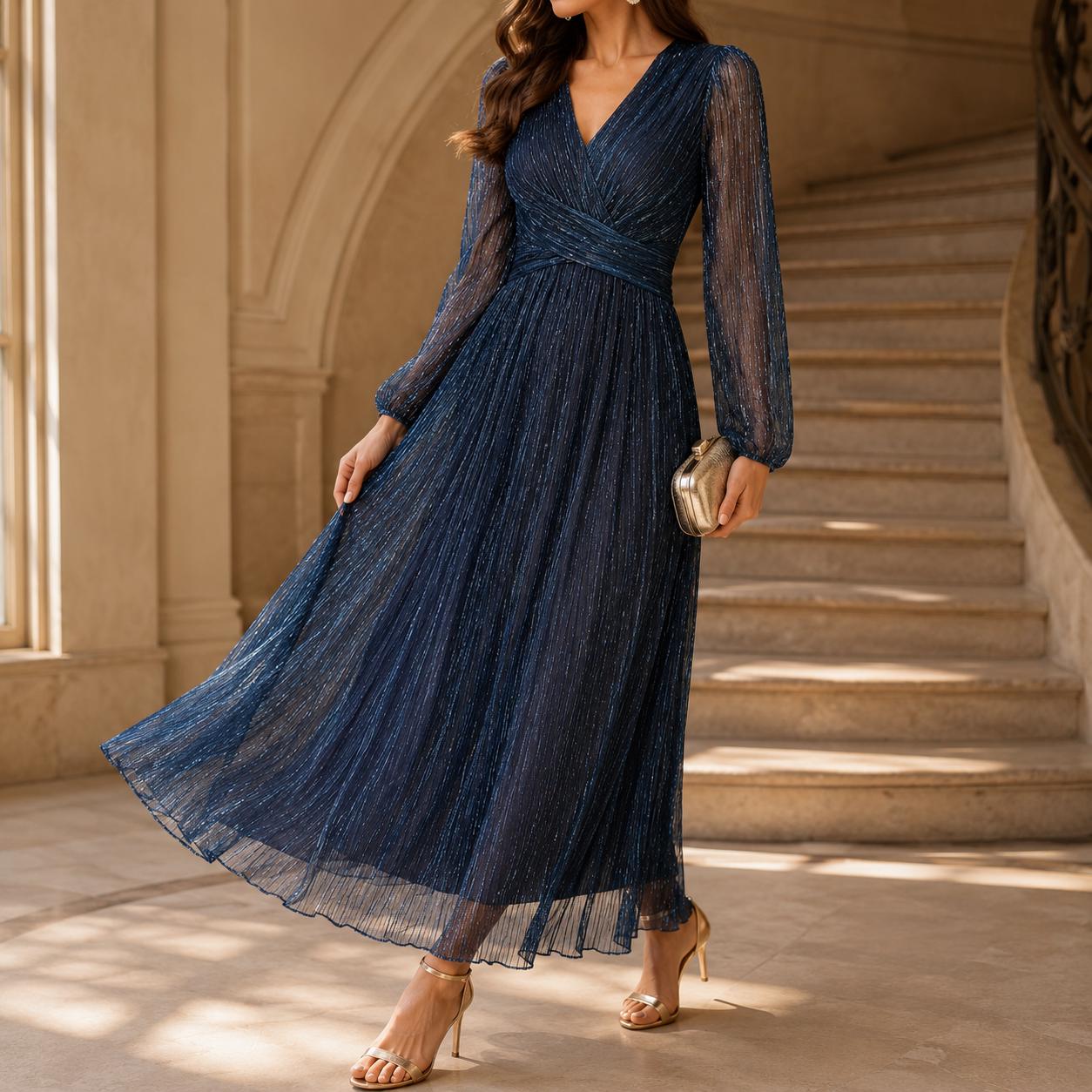 Women's Vintage Neckline Evening Dress with Ruching