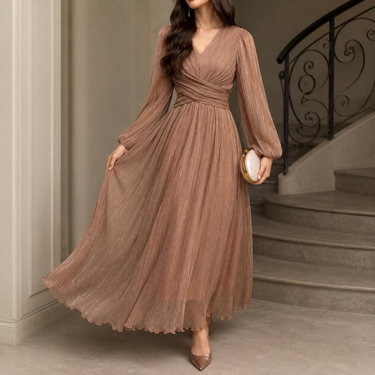 Women's Vintage Neckline Evening Dress with Ruching