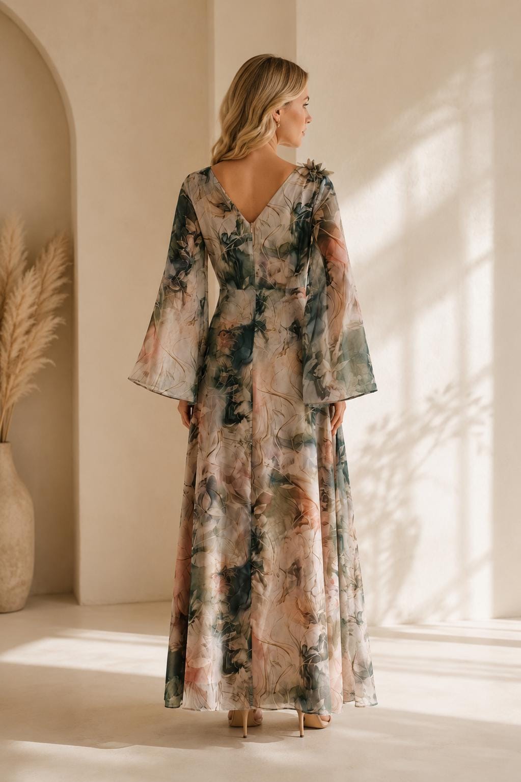 Women's Draped Midi Dress in Green Floral