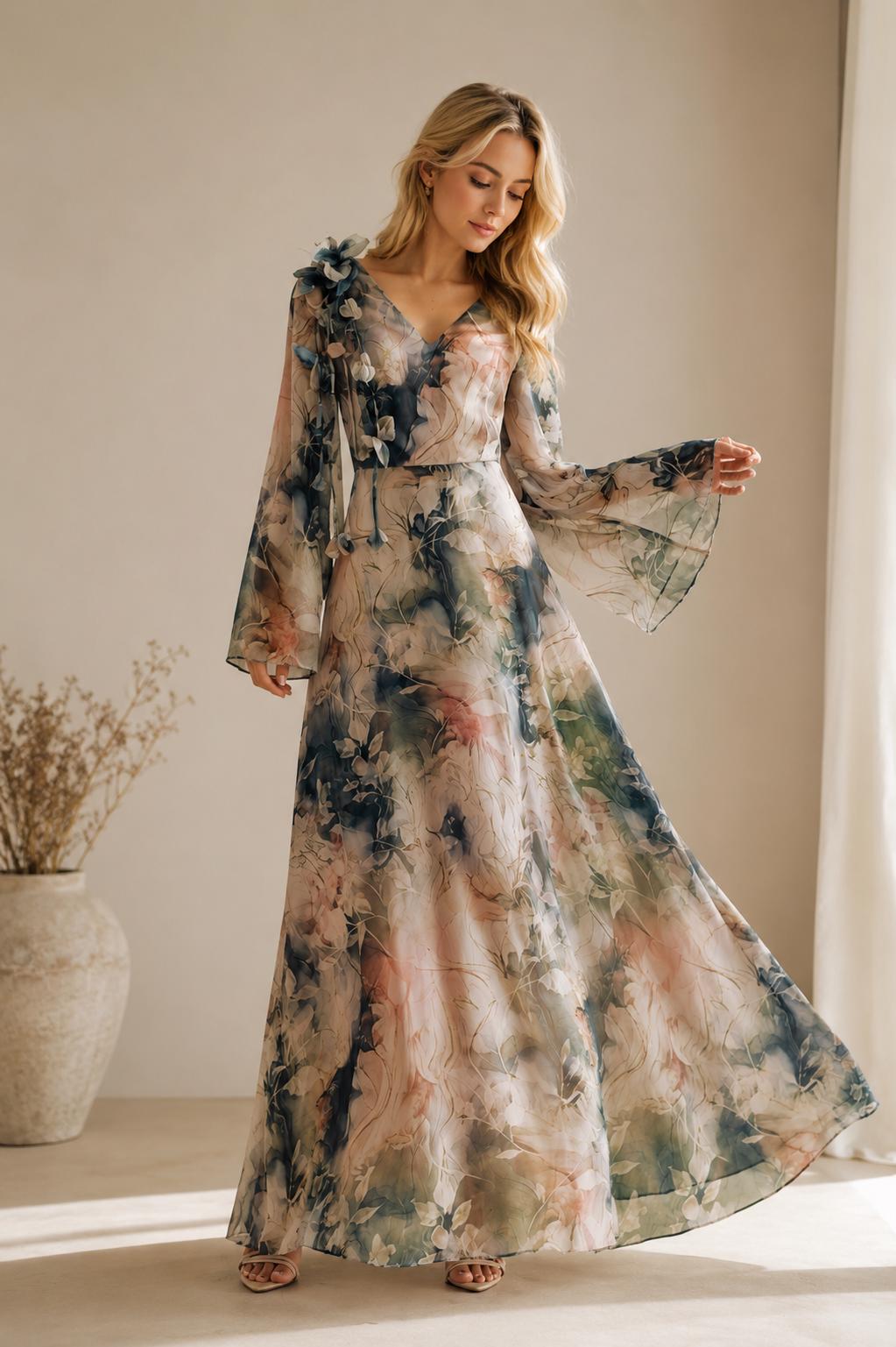 Women's Draped Midi Dress in Green Floral