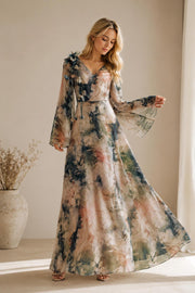 Women's Draped Midi Dress in Green Floral