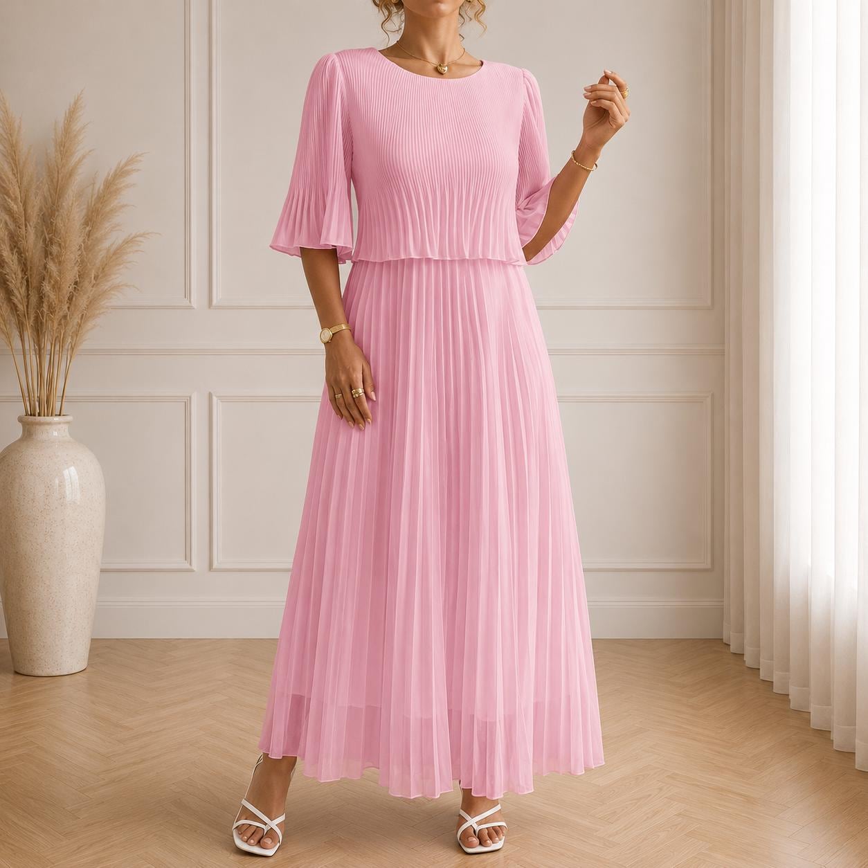Women's Vintage Neckline Evening Dress with Pleats