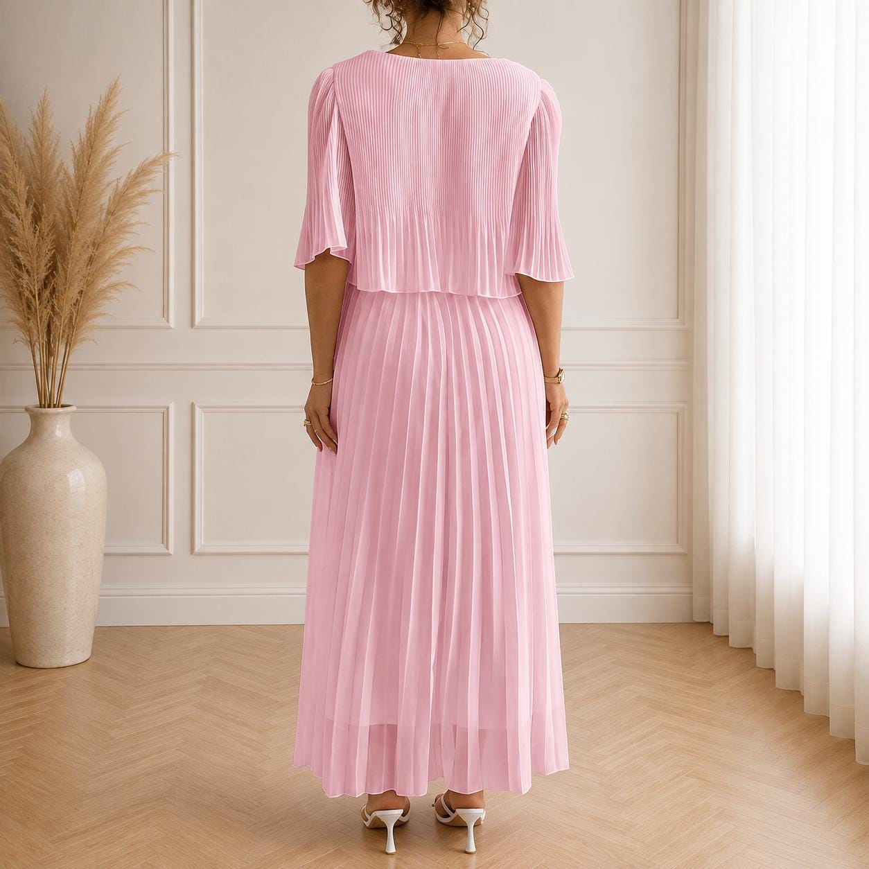 Women's Vintage Neckline Evening Dress with Pleats