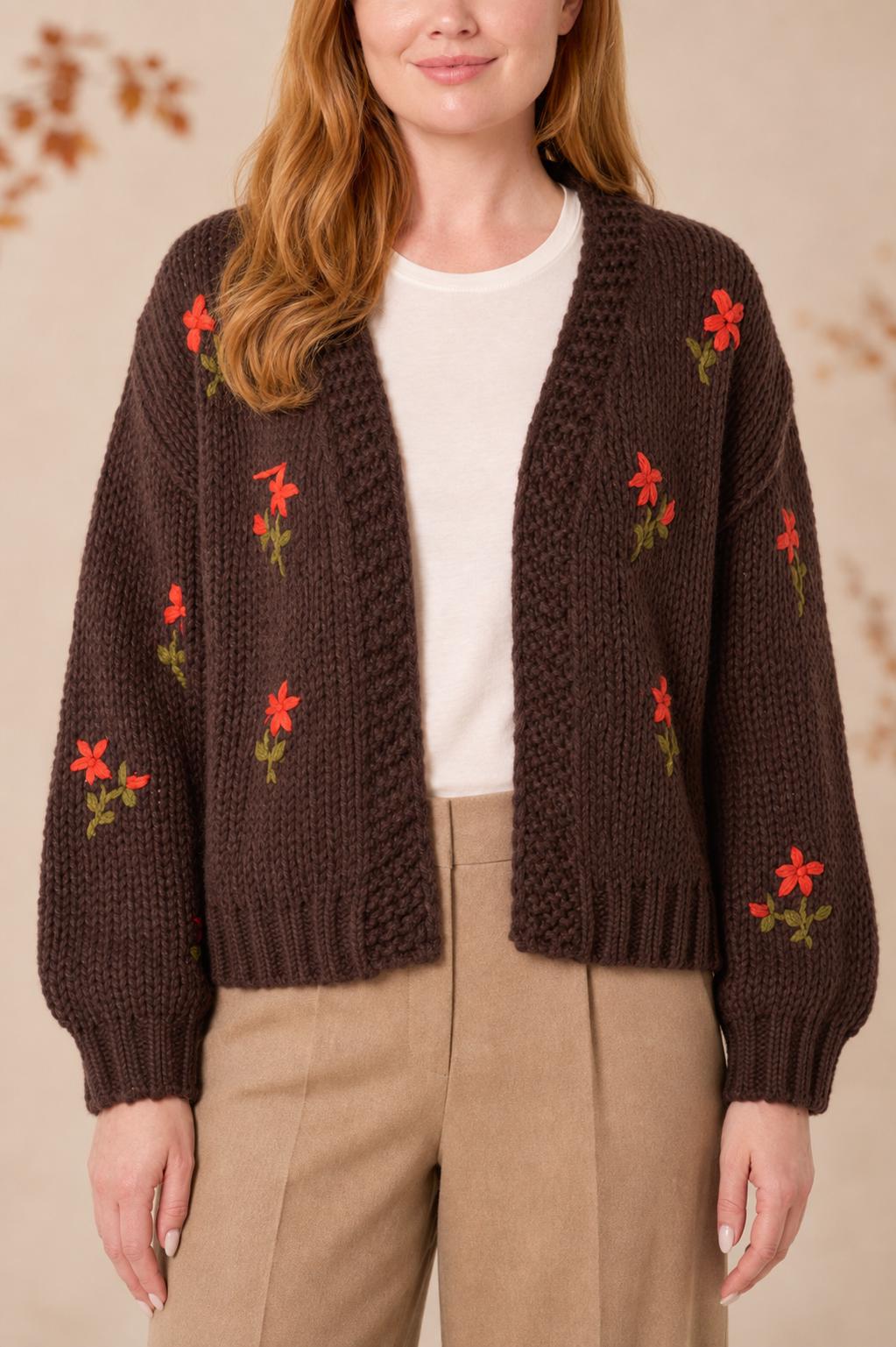 Women's Chunky Knit Embroidered Cardigan