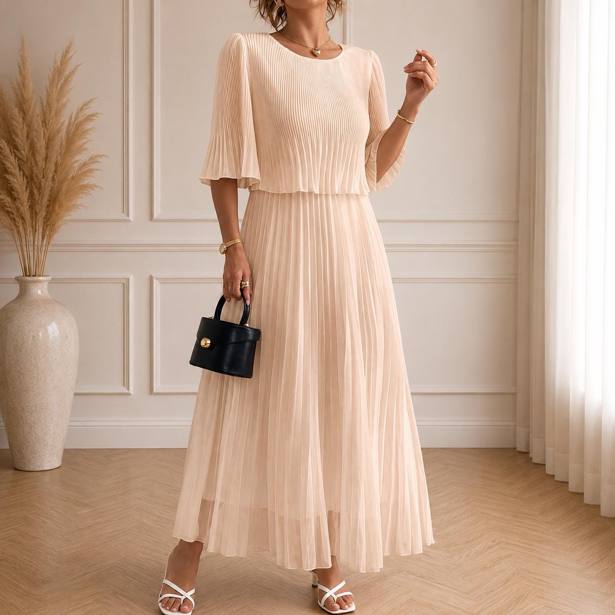 Women's Vintage Neckline Evening Dress with Pleats