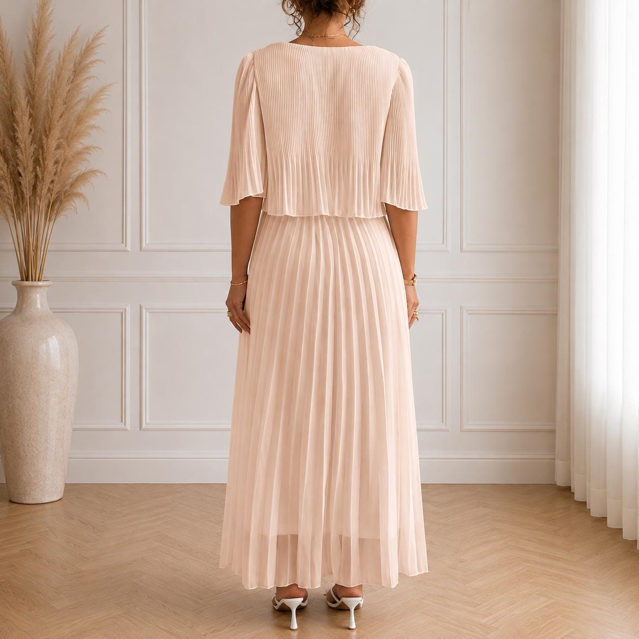 Women's Vintage Neckline Evening Dress with Pleats