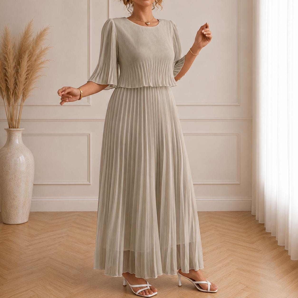 Women's Vintage Neckline Evening Dress with Pleats