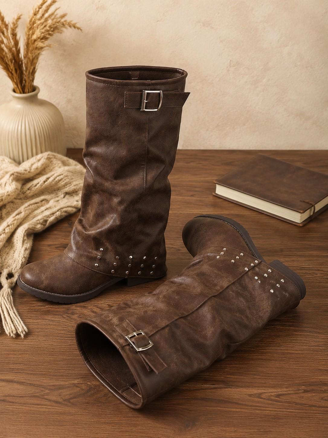 Women's Studded Buckle Slouch Boots