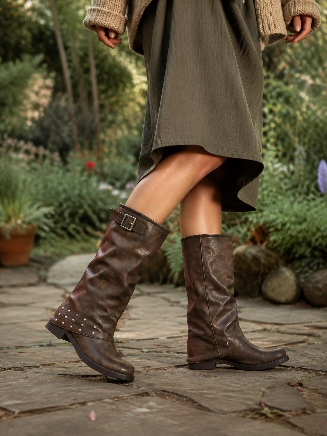 Women's Studded Buckle Slouch Boots