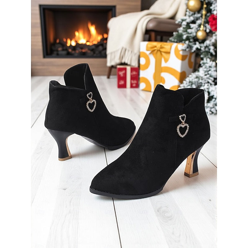 Women's Rhinestone Heart Kitten Heel Booties
