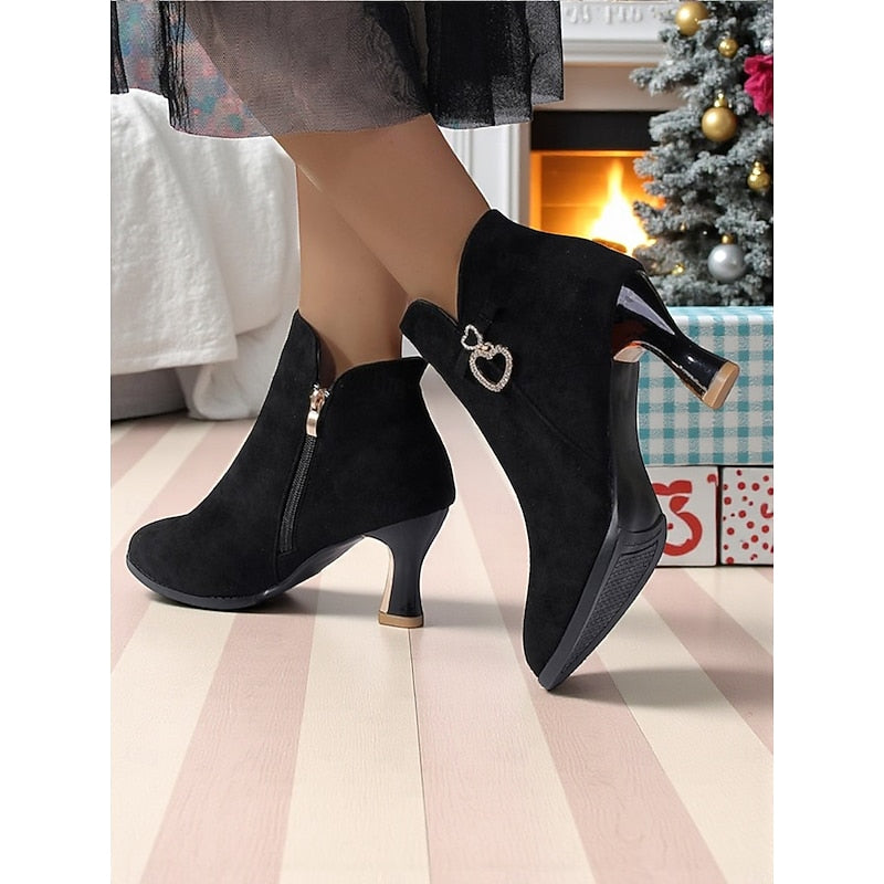 Women's Rhinestone Heart Kitten Heel Booties