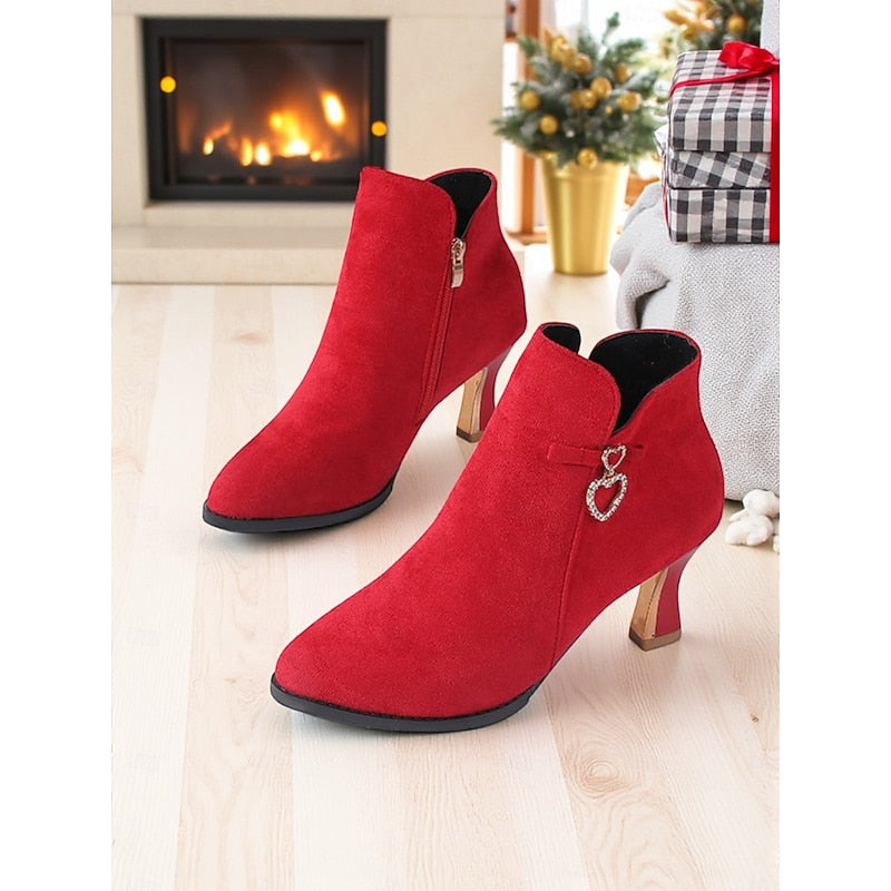 Women's Rhinestone Heart Kitten Heel Booties