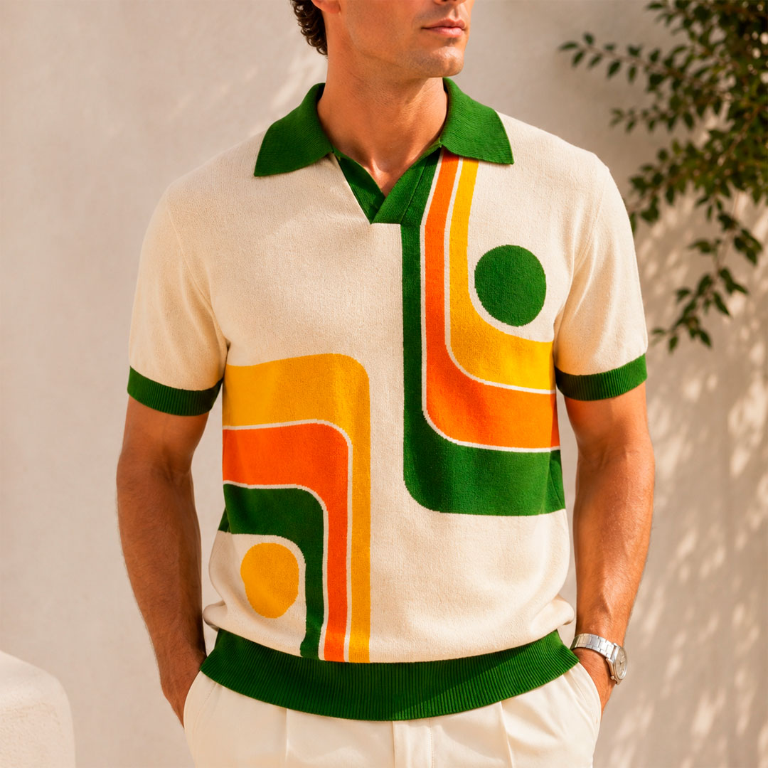 Men's Knit Polo Shirt with 70s Geometric Graphic