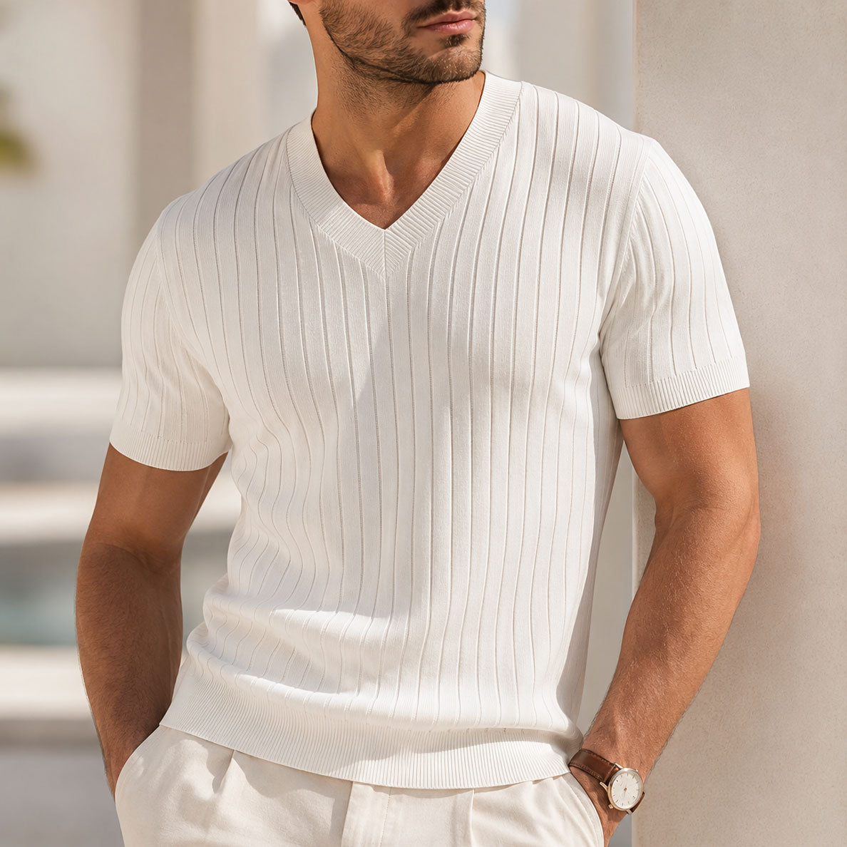 Men's Vertical Ribbed Knit Short-Sleeve Summer Shirt