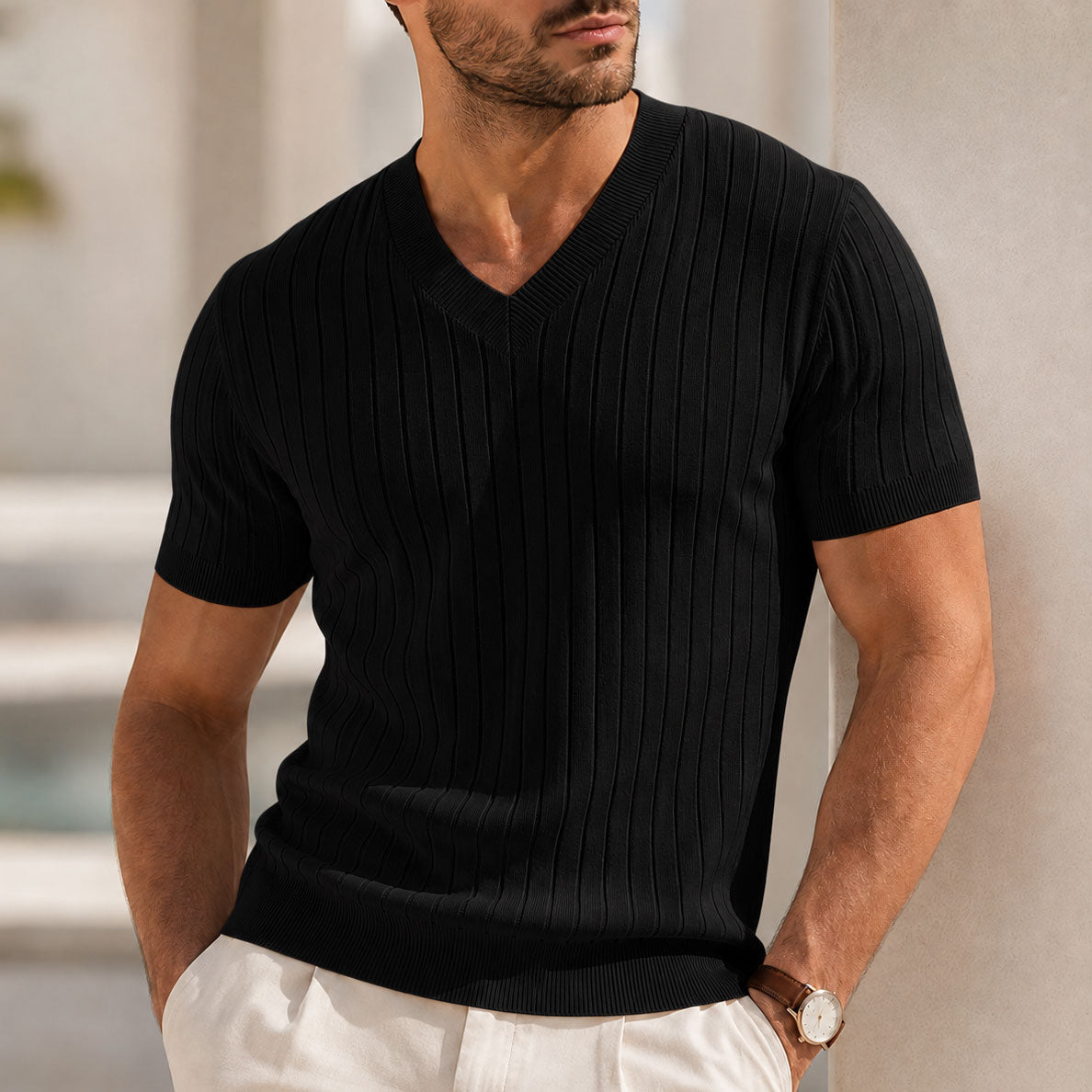 Men's Vertical Ribbed Knit Short-Sleeve Summer Shirt