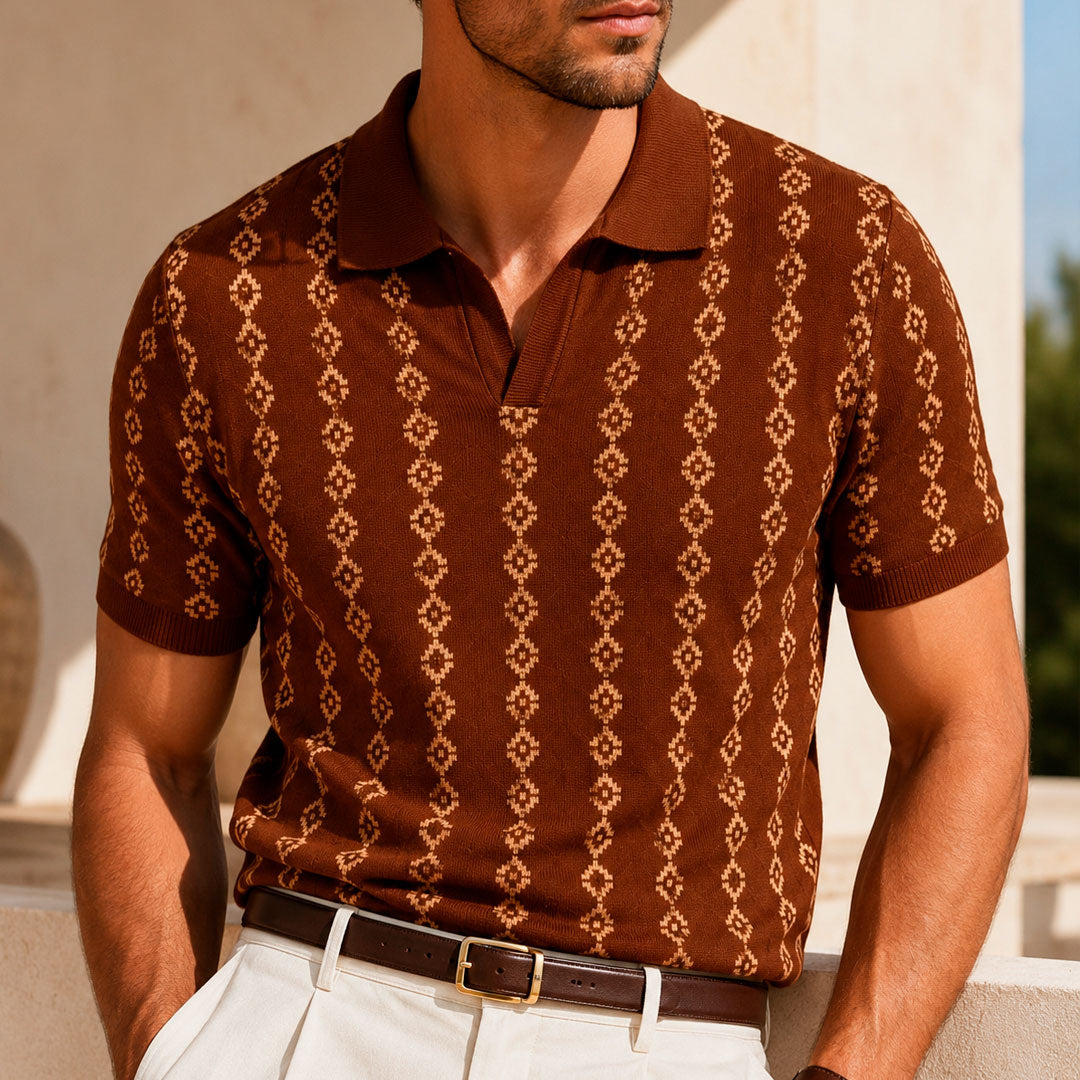 Men's Knitted Cotton Geometric Pattern Polo Shirt