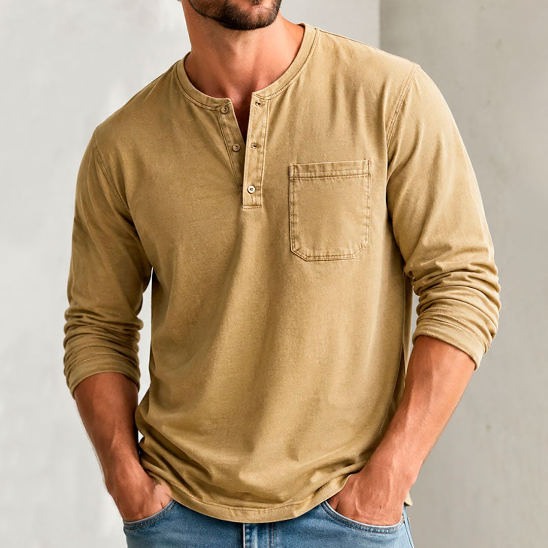 Men's Vintage-Washed Bamboo Cotton Long Sleeve Henley