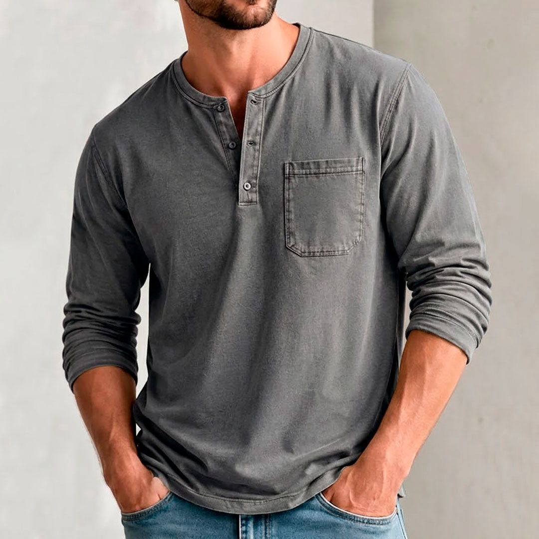 Men's Vintage-Washed Bamboo Cotton Long Sleeve Henley