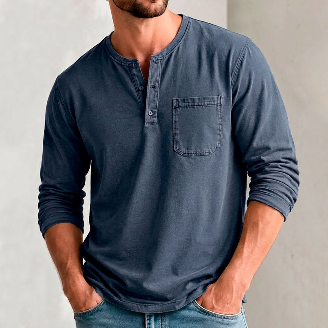 Men's Vintage-Washed Bamboo Cotton Long Sleeve Henley