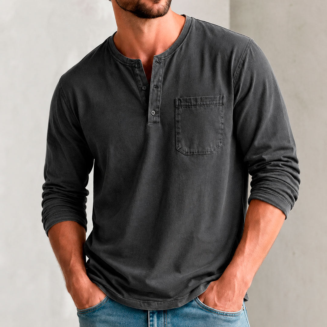Men's Vintage-Washed Bamboo Cotton Long Sleeve Henley