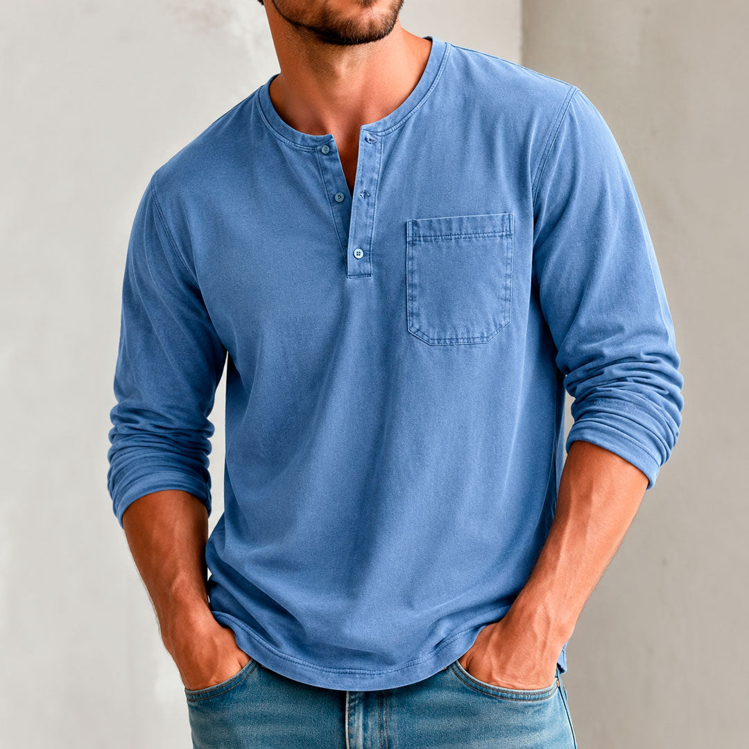 Men's Vintage-Washed Bamboo Cotton Long Sleeve Henley