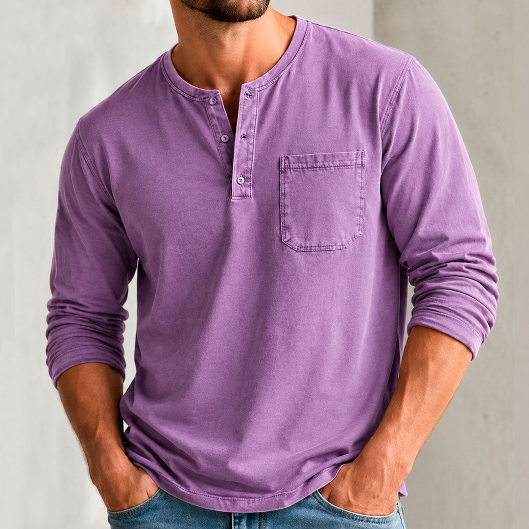 Men's Vintage-Washed Bamboo Cotton Long Sleeve Henley