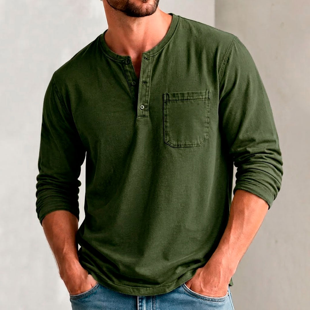 Men's Vintage-Washed Bamboo Cotton Long Sleeve Henley